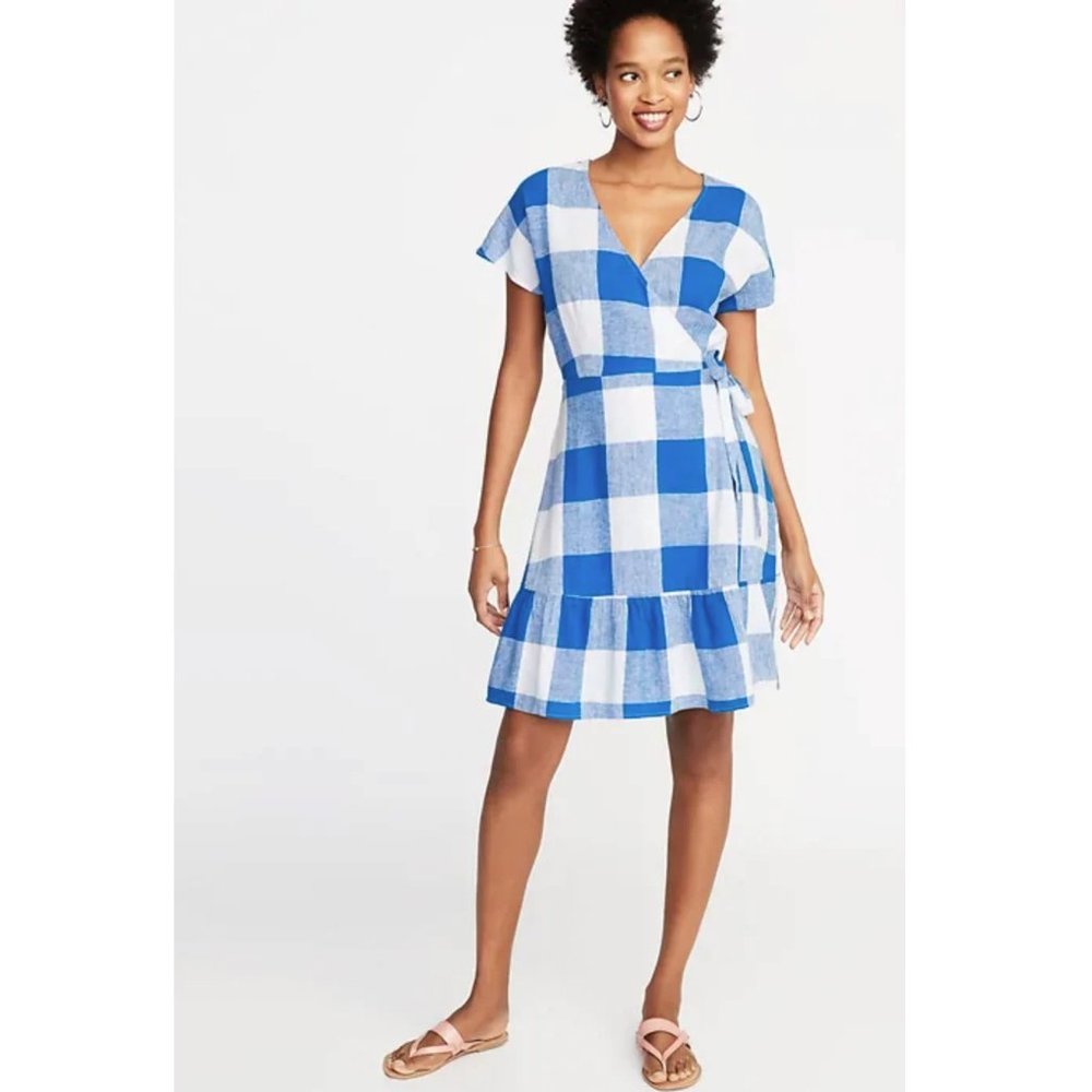 Old Navy Blue Wrap-Front Gingham Summer Flowy Midi Dress P2026